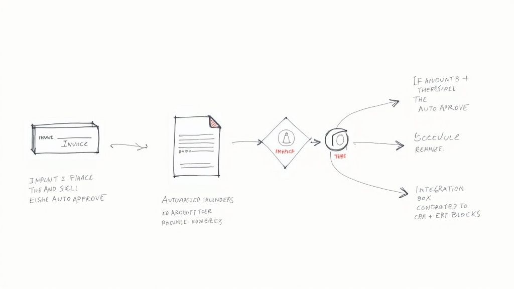 Hand-drawn workflow diagram showing invoice import, automated processing, decision points for auto-approval, reminders, and ERP integration.