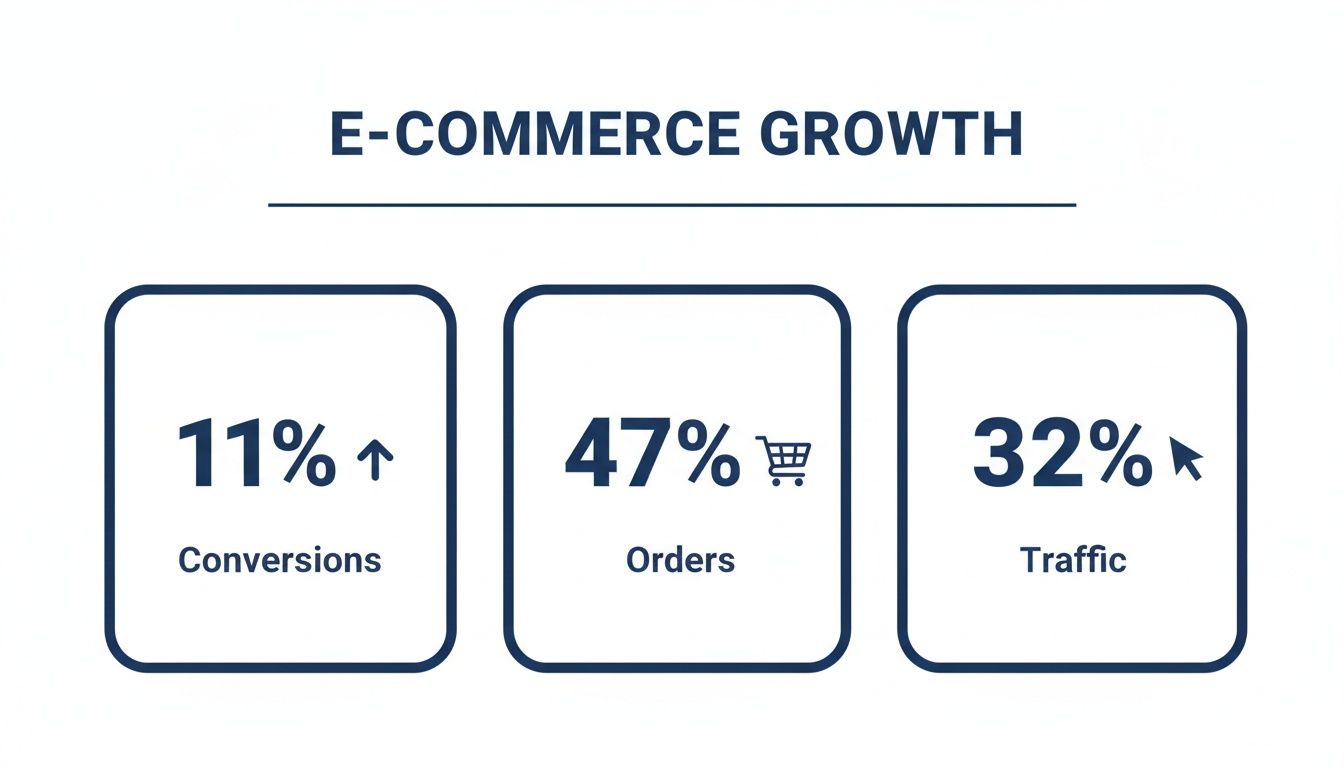 E-commerce growth statistics showing 11% increase in conversions, 47% in orders, and 32% in traffic.