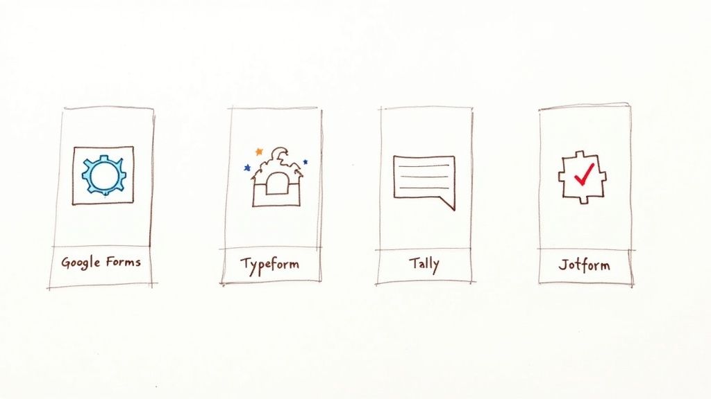 Hand-drawn illustration of popular online form builder tools: Google Forms, Typeform, Tally, Jotform.