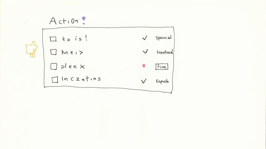 A handwritten checklist titled 'Action?' with several items, some marked with checkmarks.