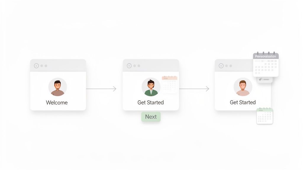 A visual diagram illustrating a three-step user onboarding process: welcome, get started, and personalization.