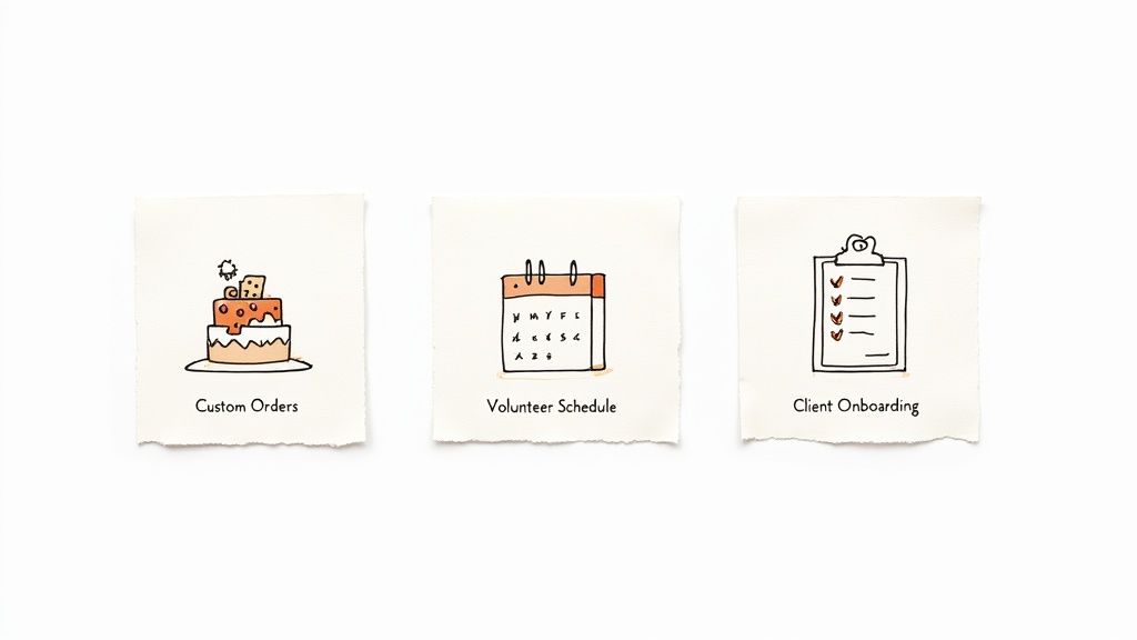 Three hand-drawn illustrations: a cake for custom orders, a calendar for volunteer schedule, and a checklist for client onboarding.