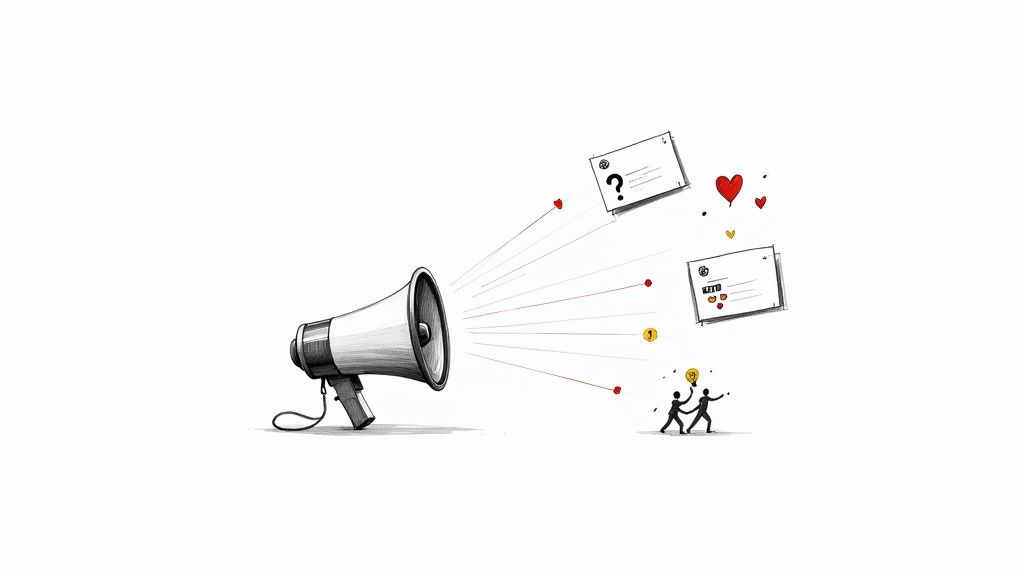 Illustration of a megaphone emitting questions, ideas, and love towards two collaborating figures.