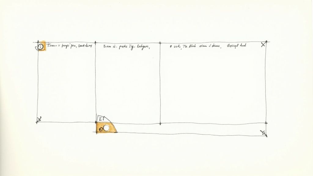 A hand-drawn sketch of a three-panel diagram with handwritten notes and highlighted orange shapes.