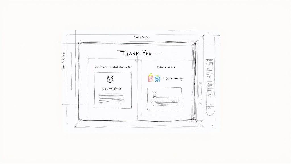 Hand-drawn wireframe sketch of a 'Thank You' page layout with two distinct offer sections.
