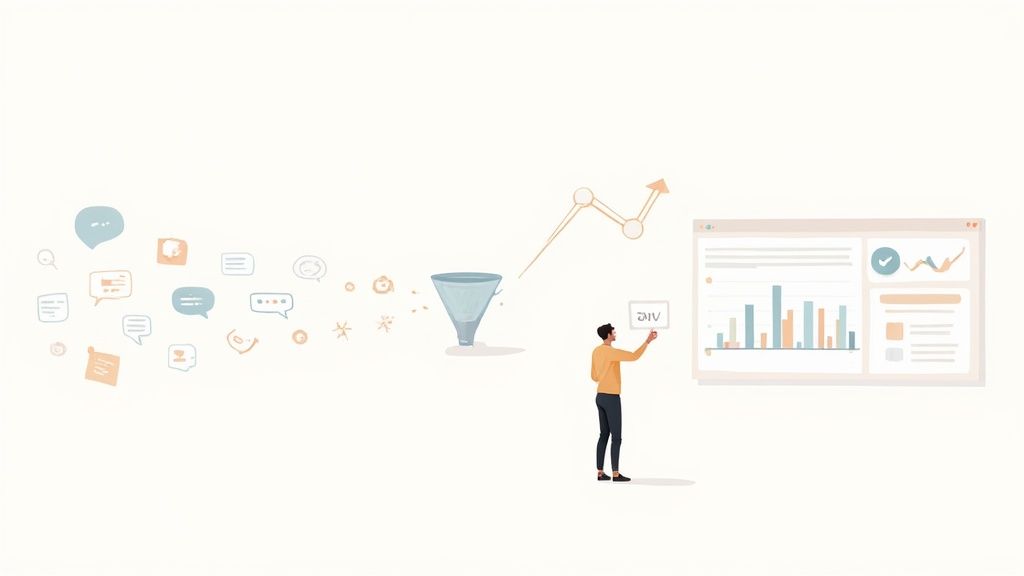 Illustration of customer feedback collection, analysis, and data visualization on a dashboard.