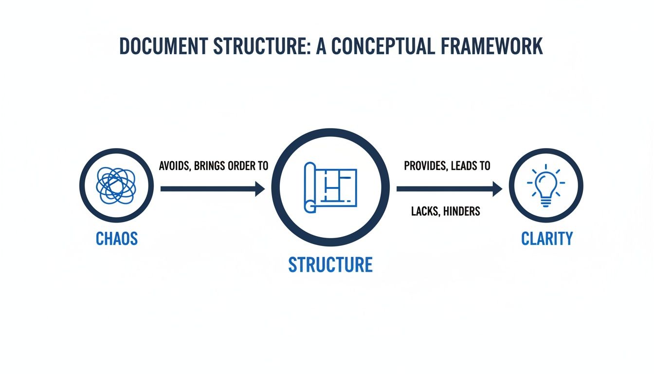 A conceptual framework diagram illustrating how document structure brings order from chaos to achieve clarity.