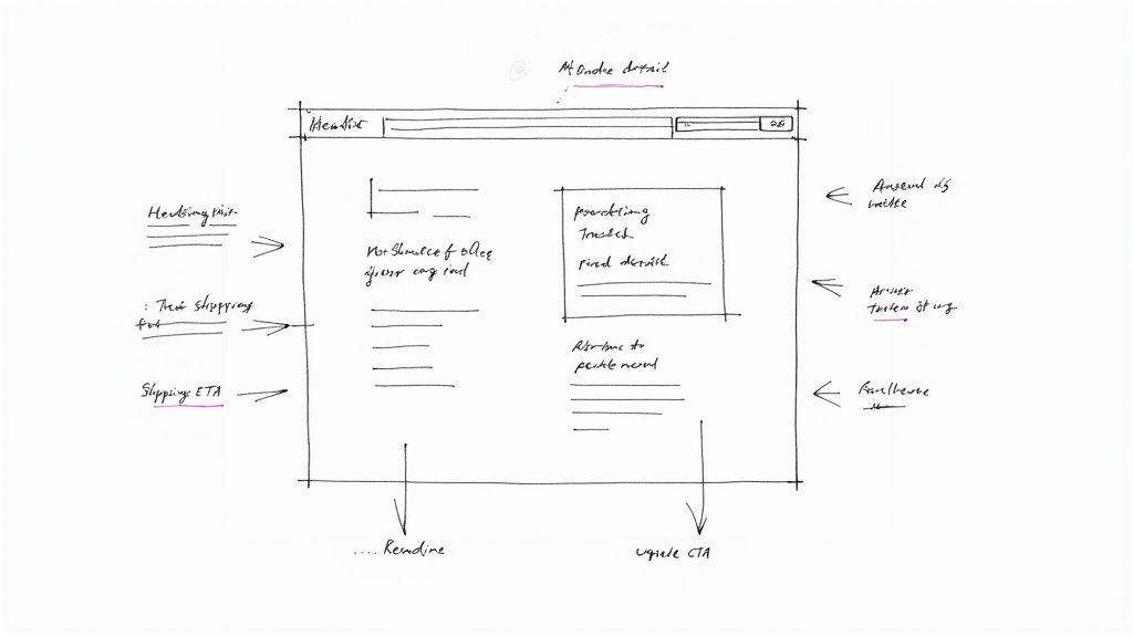 Hand-drawn wireframe of a thank you page, showing order details, shipping, and calls to action.