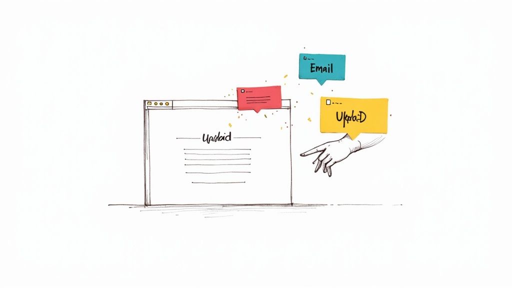 Sketch of a browser window, with 'Upload', 'Email', and 'Upload' notification bubbles, and a pointing hand.