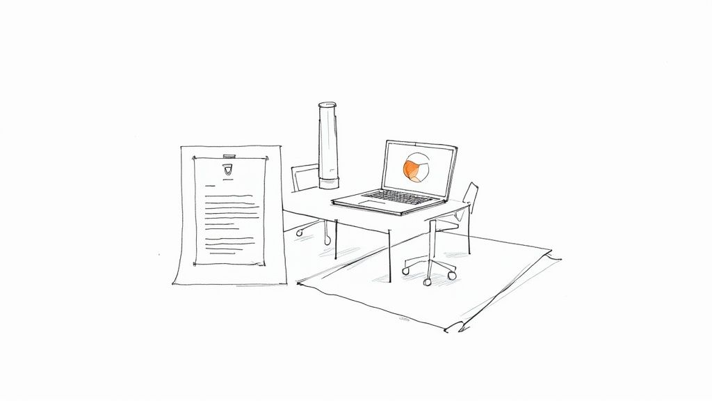 A minimalist line drawing showing an office workspace with a laptop displaying a pie chart, document, and cylindrical item.