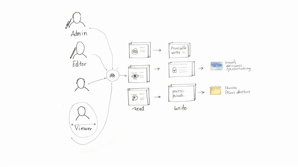 Hand-drawn workflow diagram depicting user roles (Admin, Editor, Viewer) managing documents through read and write processes.