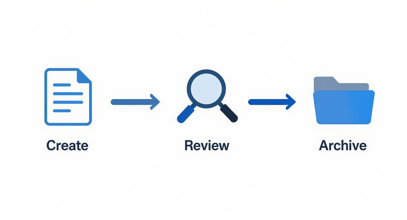 Flowchart showing document creation, review, and archiving process with blue icons and arrows.