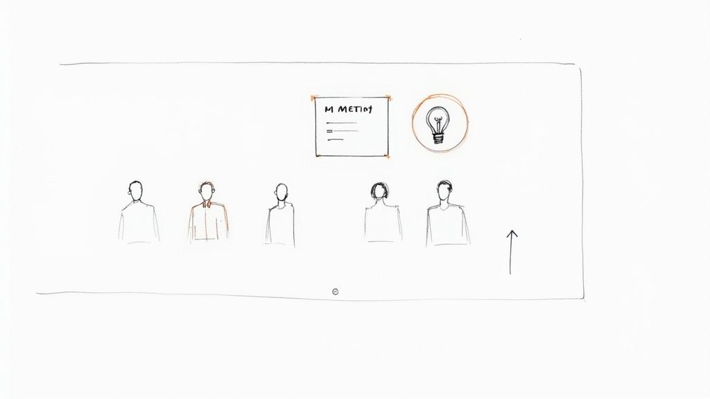 Hand-drawn sketch showing five stylized figures, a whiteboard with 'M MEETING' text, and a lightbulb icon, representing a meeting.