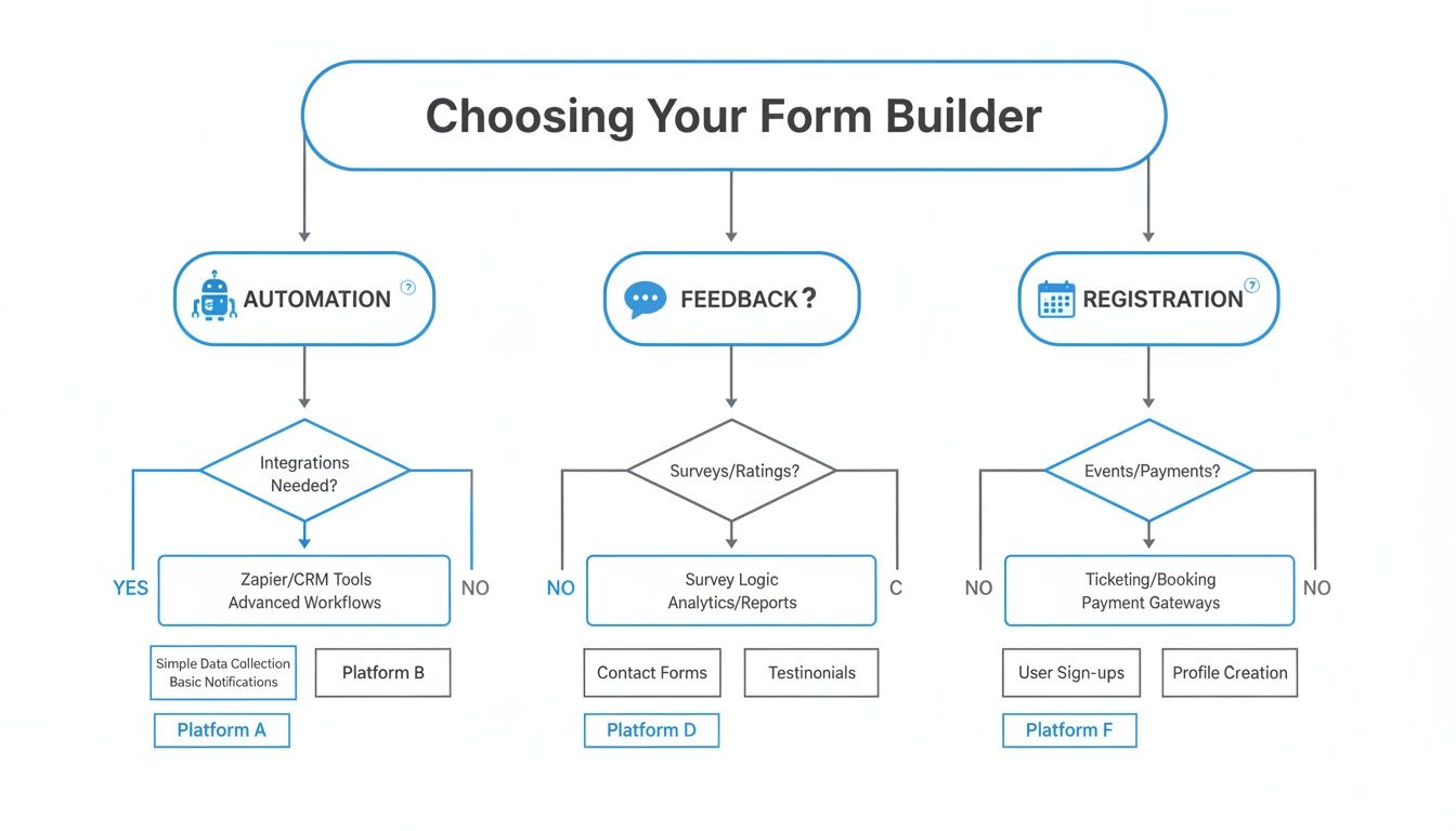Flowchart illustrating the selection of a form builder for automation, feedback, or registration needs.