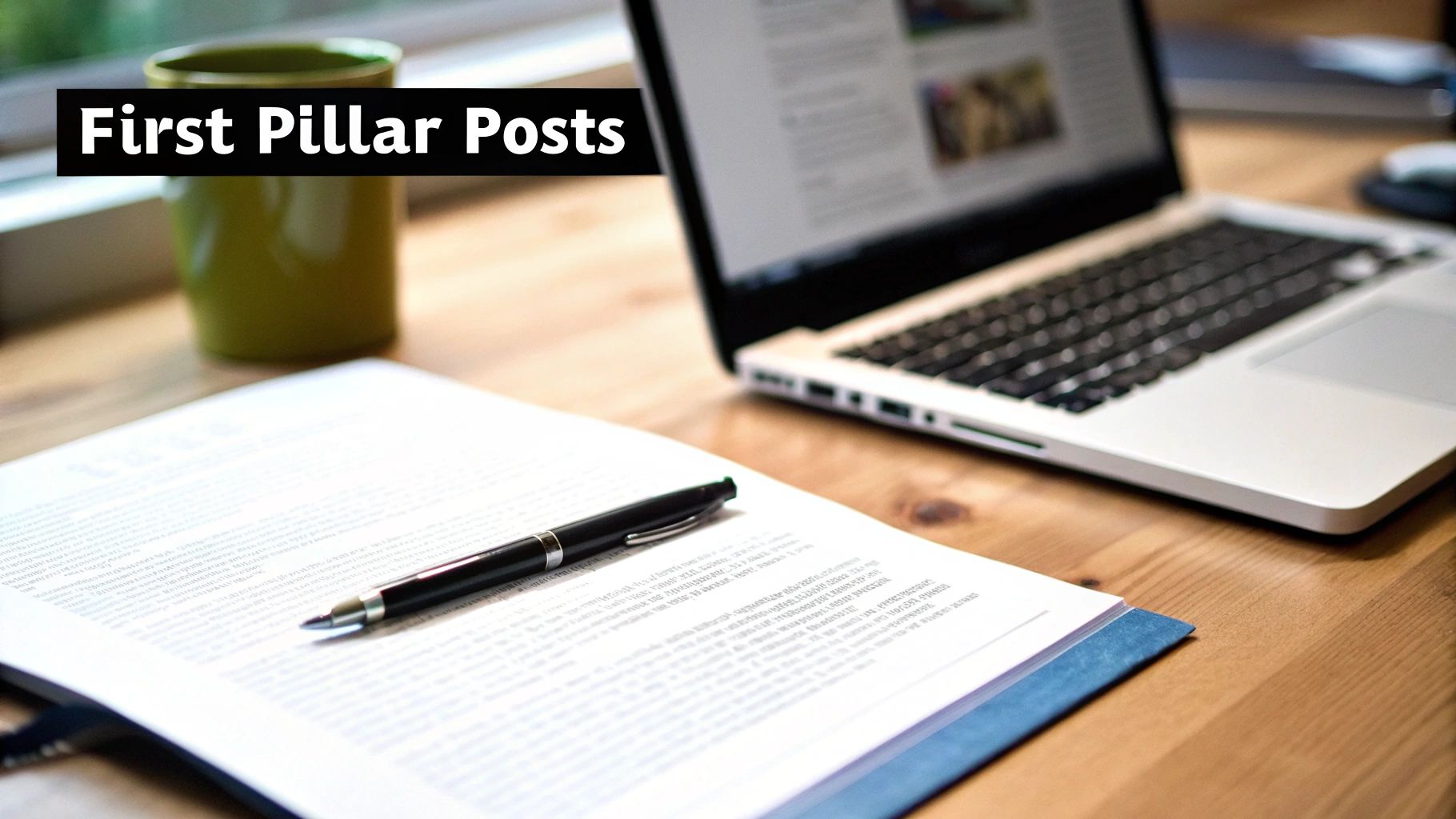 A professional desk setup for writing blog posts, featuring a laptop, pen, and paper.