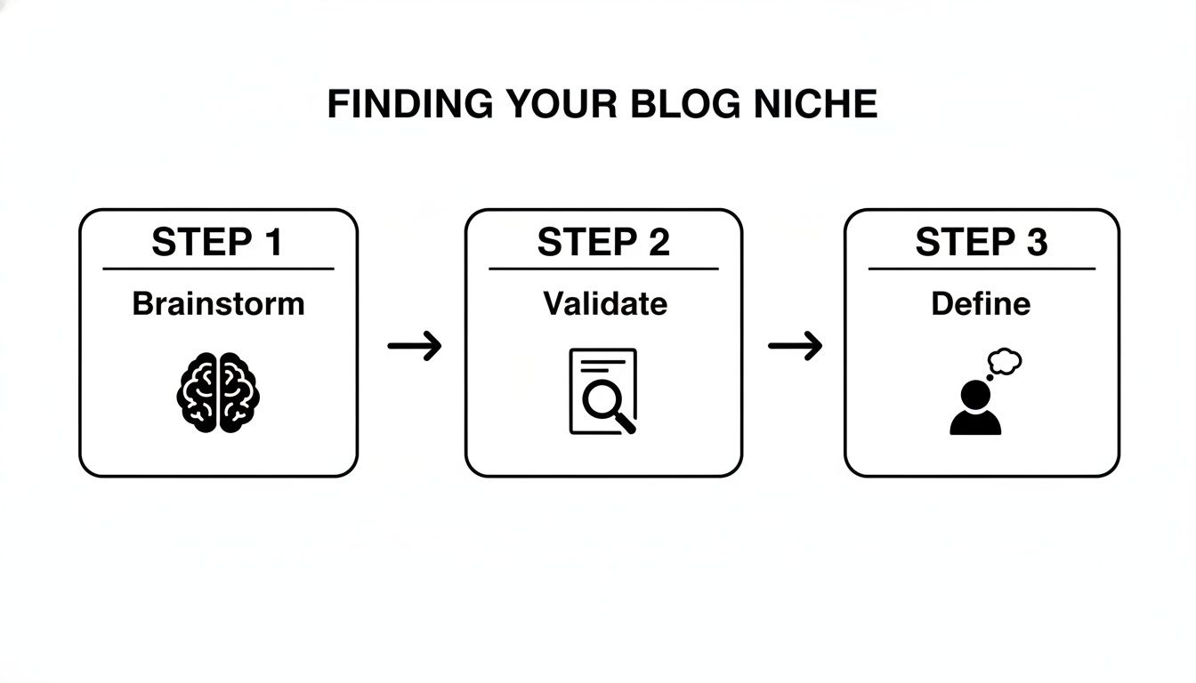 A three-step infographic outlining how to find your blog niche: brainstorm, validate, and define.