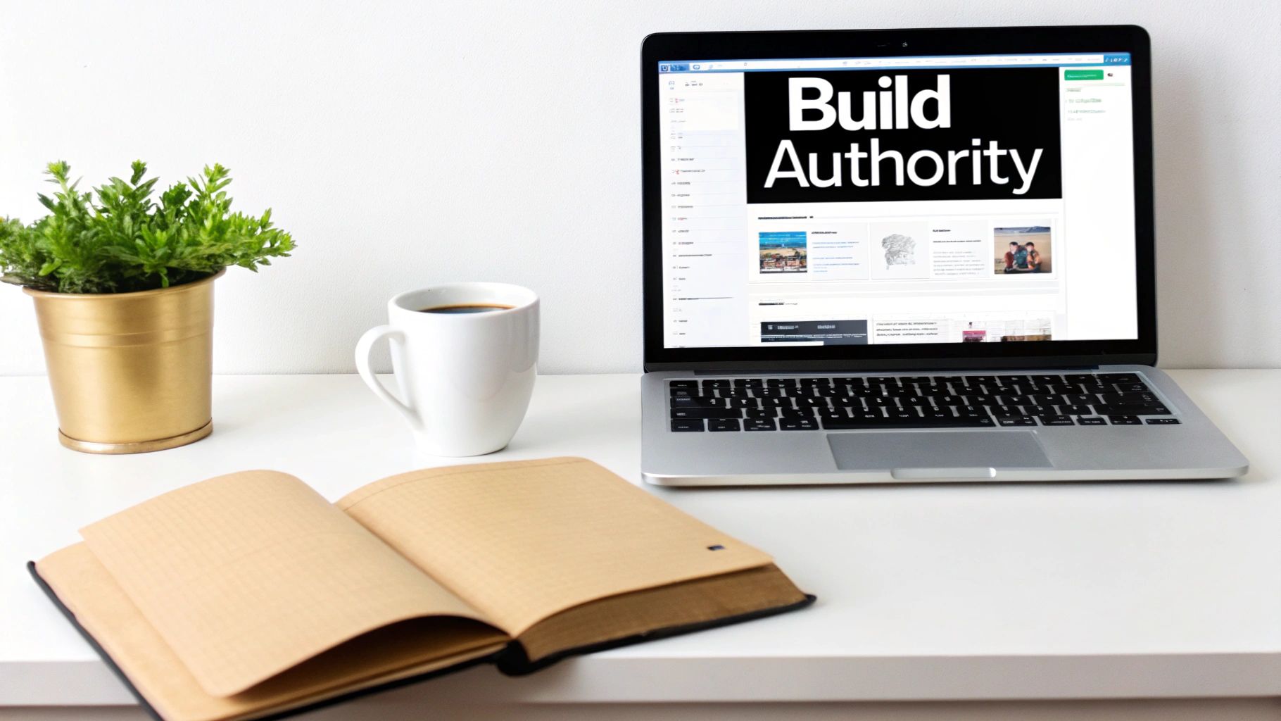 A clean white desk with a laptop displaying 'Build Authority', an open notebook, a coffee mug, and a potted plant.