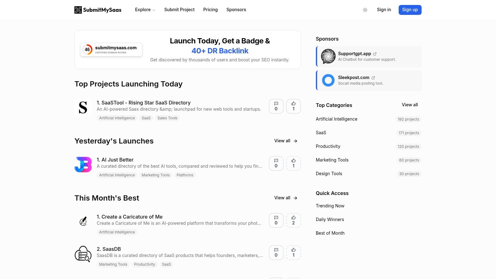 SubmitMySaas platform interface showing a list of AI tools