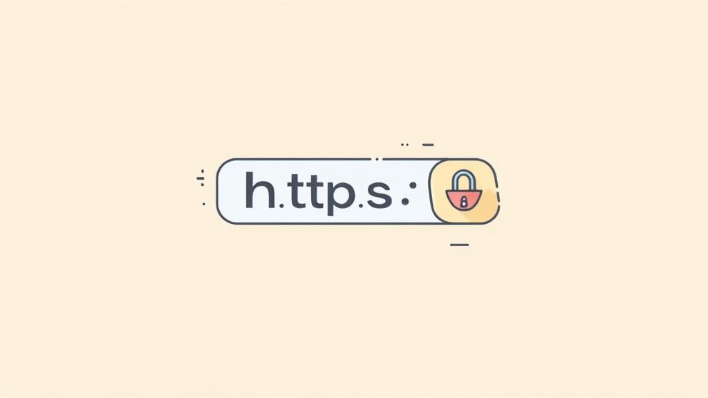 An image illustrating the secure padlock icon of an HTTPS connection, with a green shield symbolising protection and security.