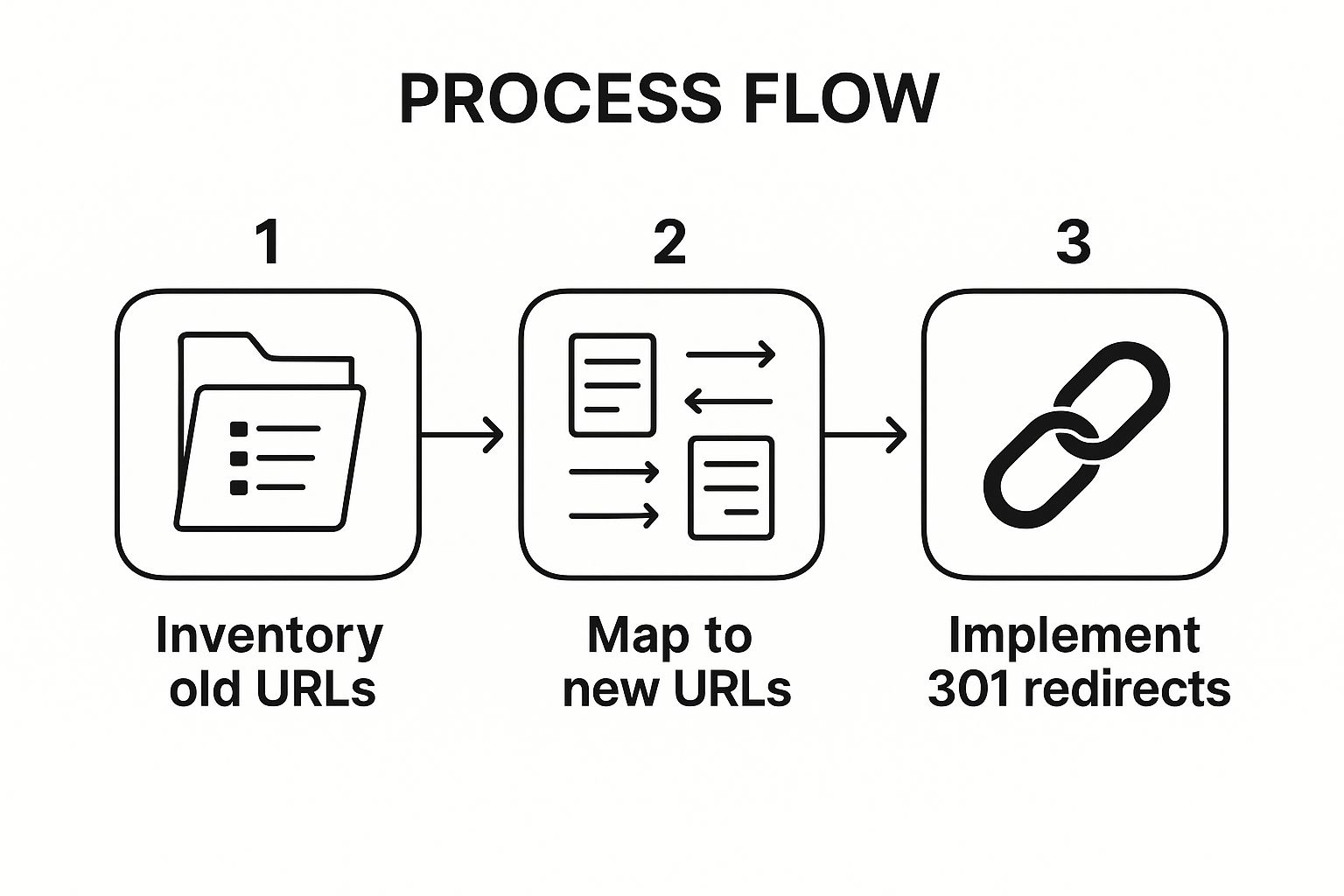 Infographic showing the three-step process of URL redirect mapping, starting with inventorying old URLs, mapping them to new ones, and finally implementing 301 redirects.