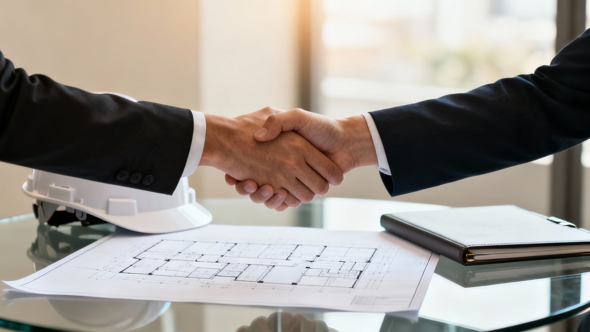Two business people in suits shake hands over a table with blueprints and a hard hat.
