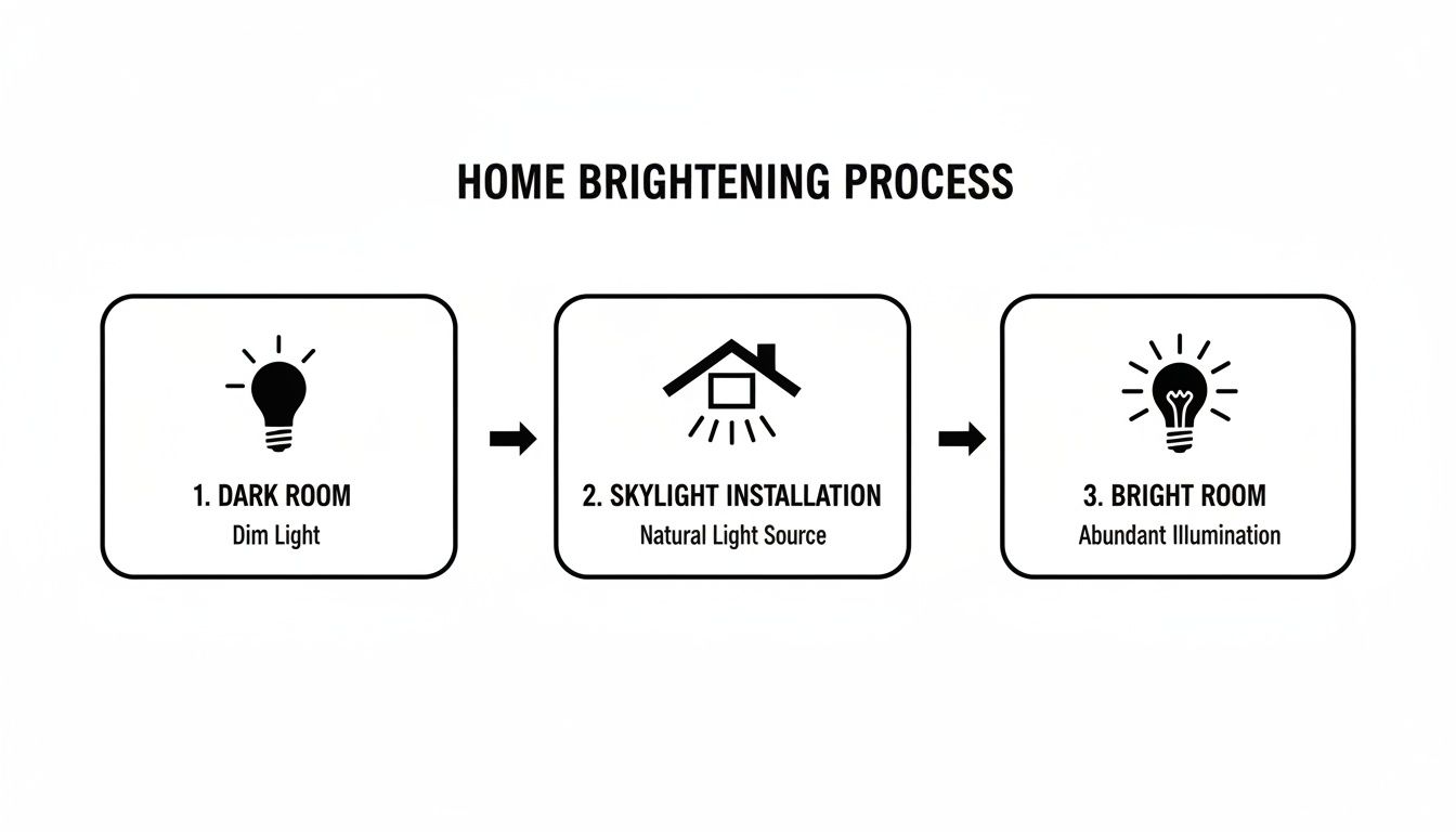 A three-step diagram illustrates home brightening, from a dark room to a bright room after skylight installation for natural light.