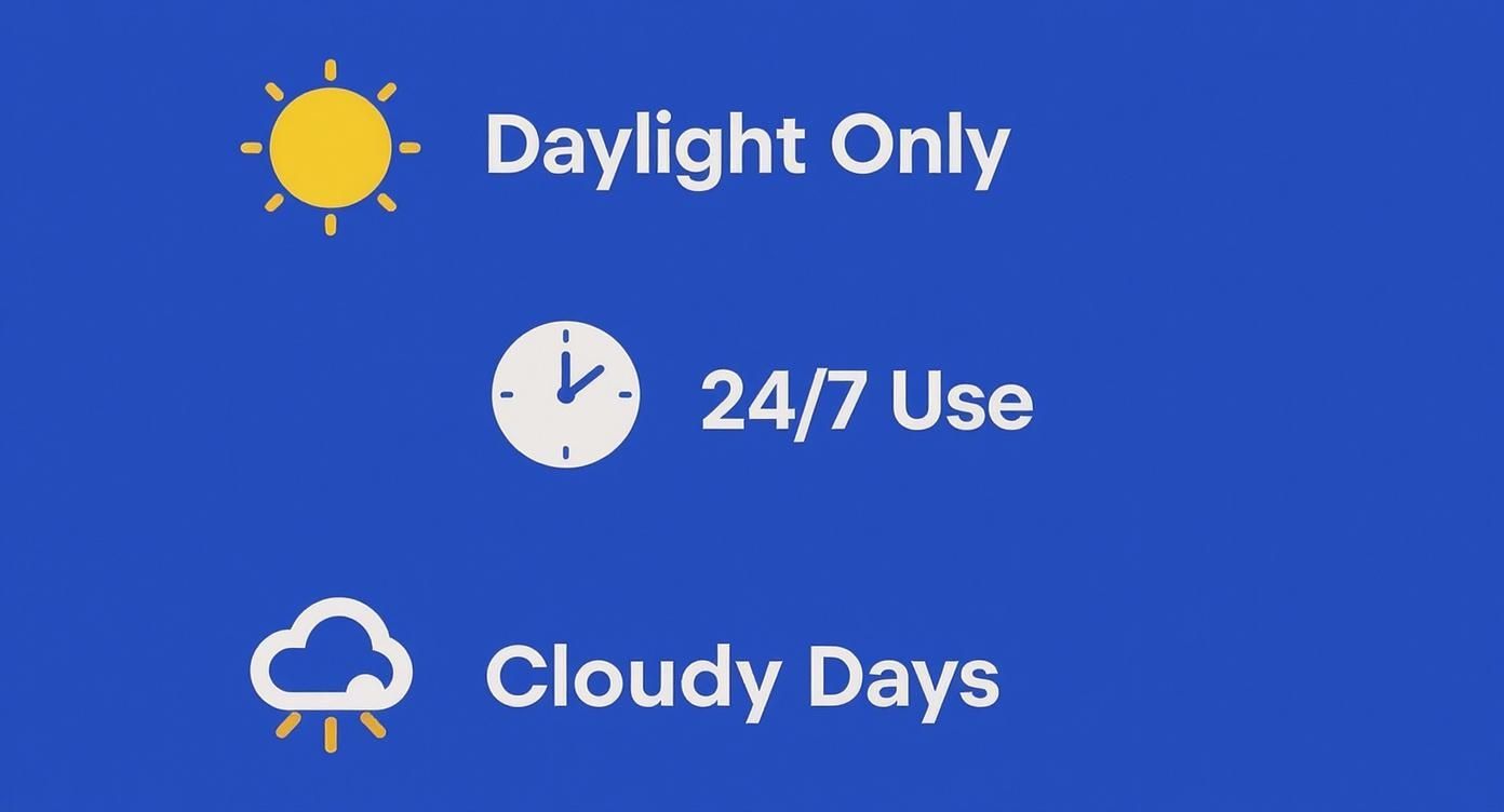 Infographic decision tree showing solar skylight features for Daylight Only, 24/7 Use, and Cloudy Days, with corresponding icons.