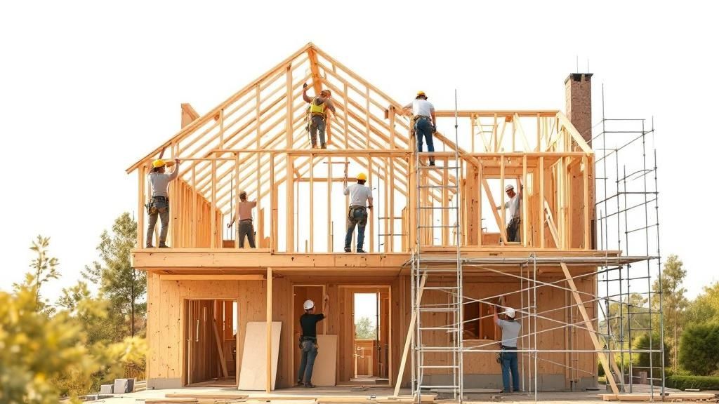 A team of architects and builders reviewing blueprints on a construction site