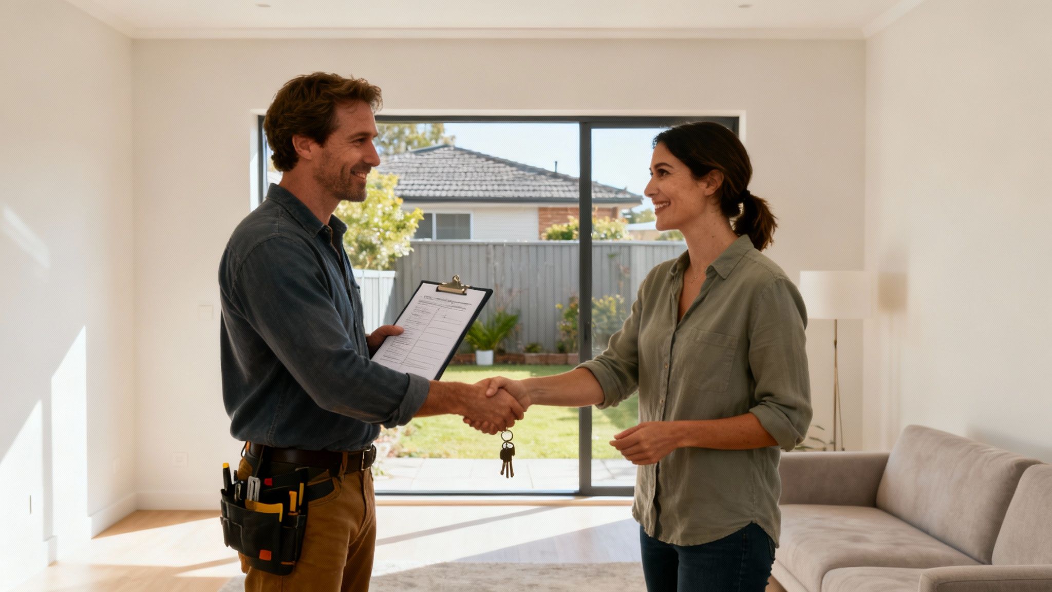 Home builder shaking hands with homeowner after completing construction project in modern living room