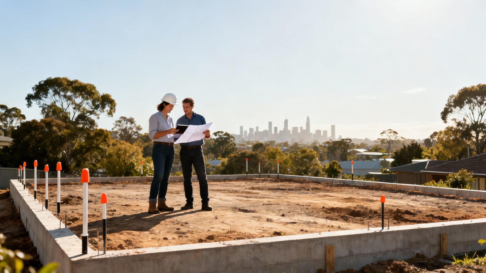 Two builders review blueprints on a new home construction site with a city skyline.