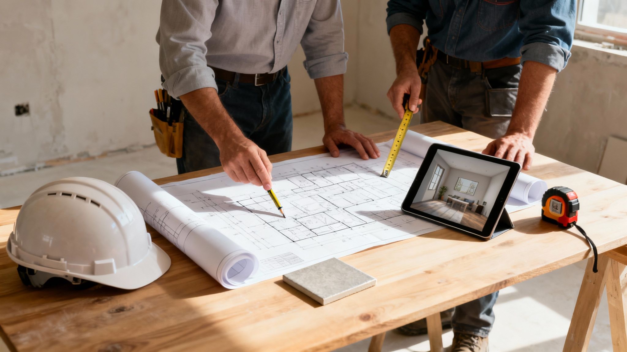 Two construction professionals review building blueprints and a digital 3D room rendering on a wooden table.