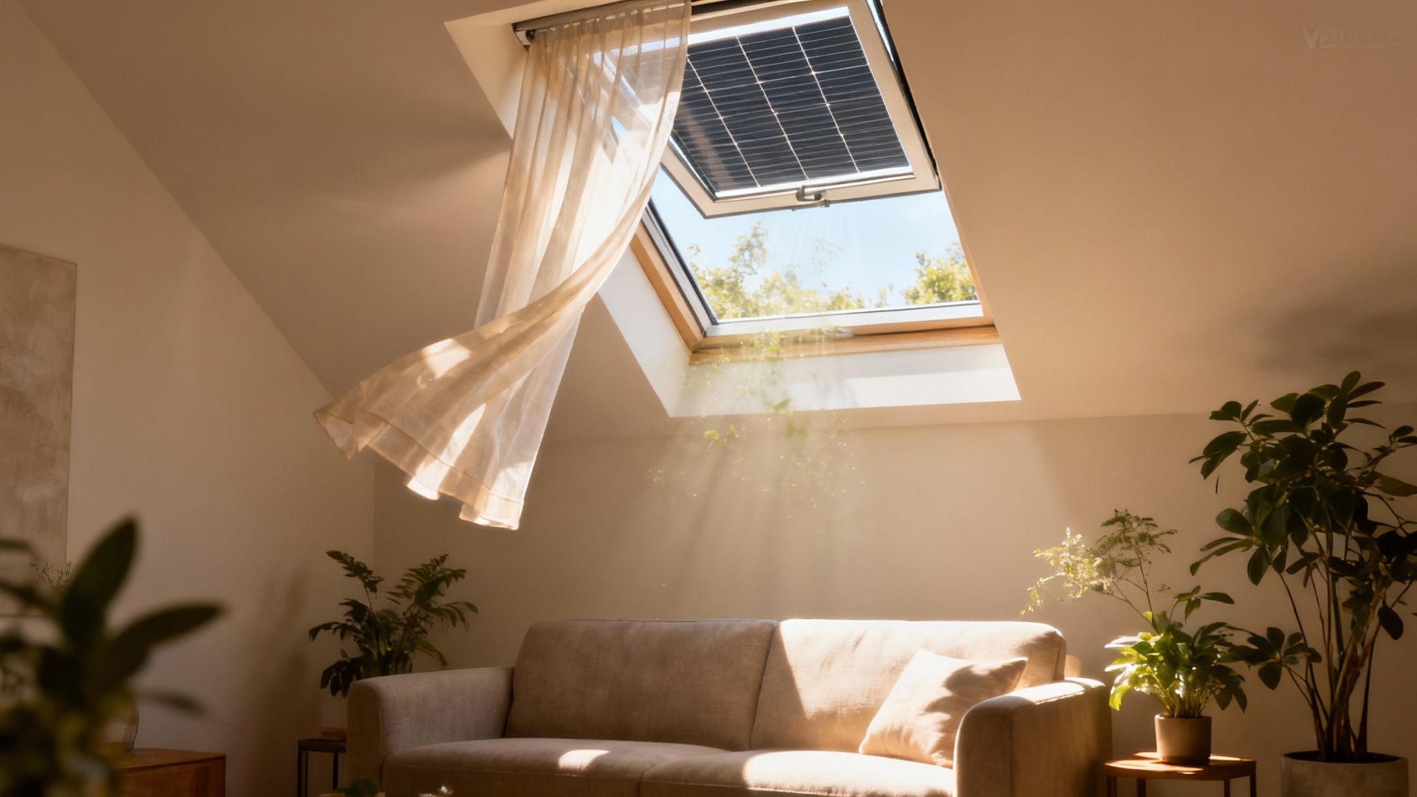 Velux solar powered skylight with sheer curtain in modern attic living room with natural sunlight