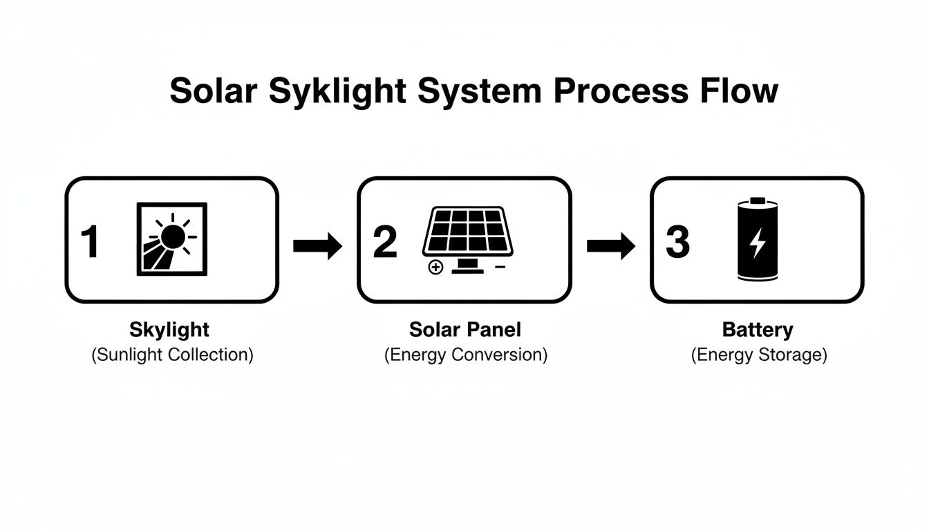 Diagram illustrating the three-step process flow of a solar skylight system.