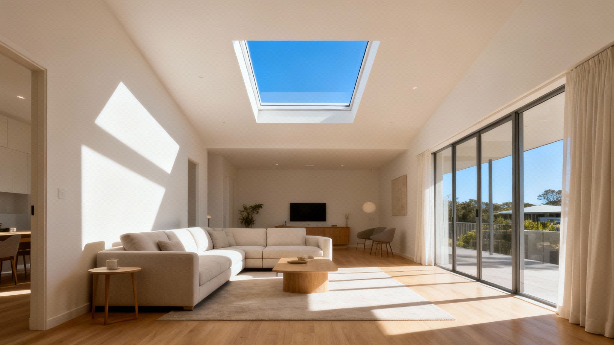 A sunlit modern living room with a skylight, L-shaped sofa, and sliding glass doors.