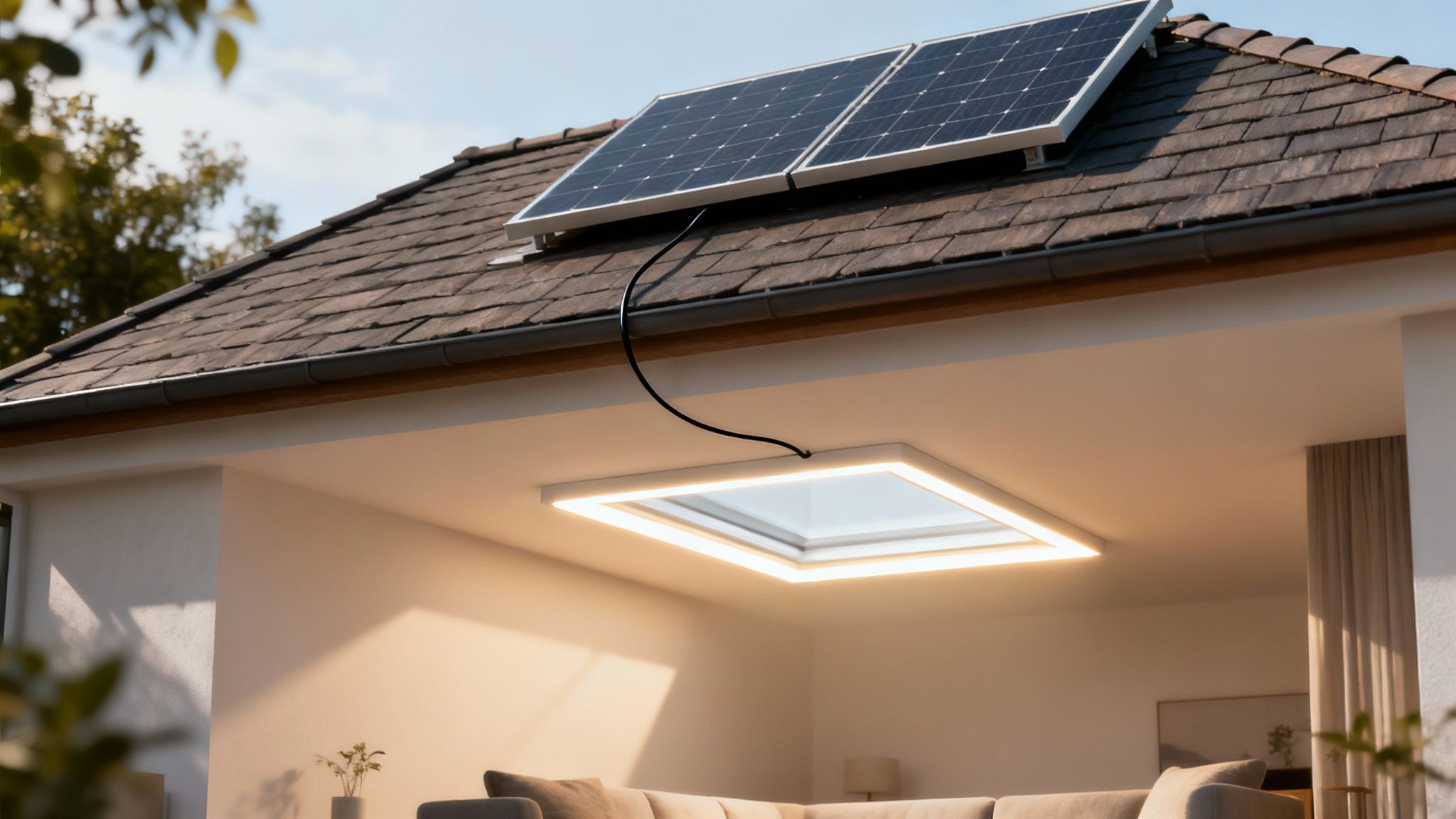 A diagram showing a solar panel on a roof connected by a cable to an LED light fixture inside a room.