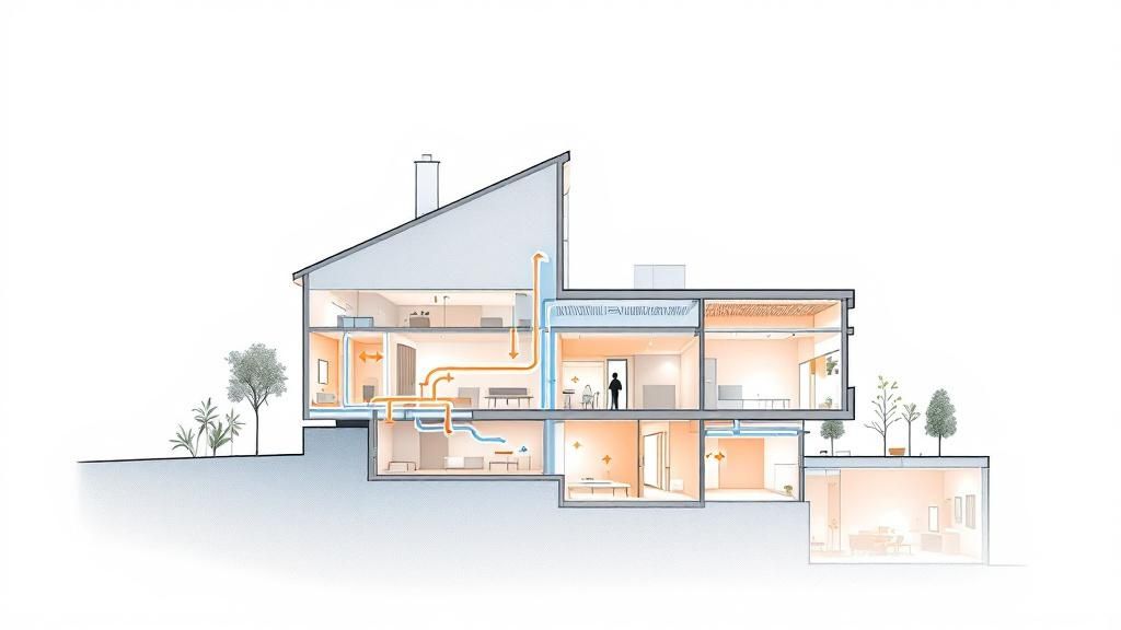 Diagram showing how wind and temperature differences can ventilate a building
