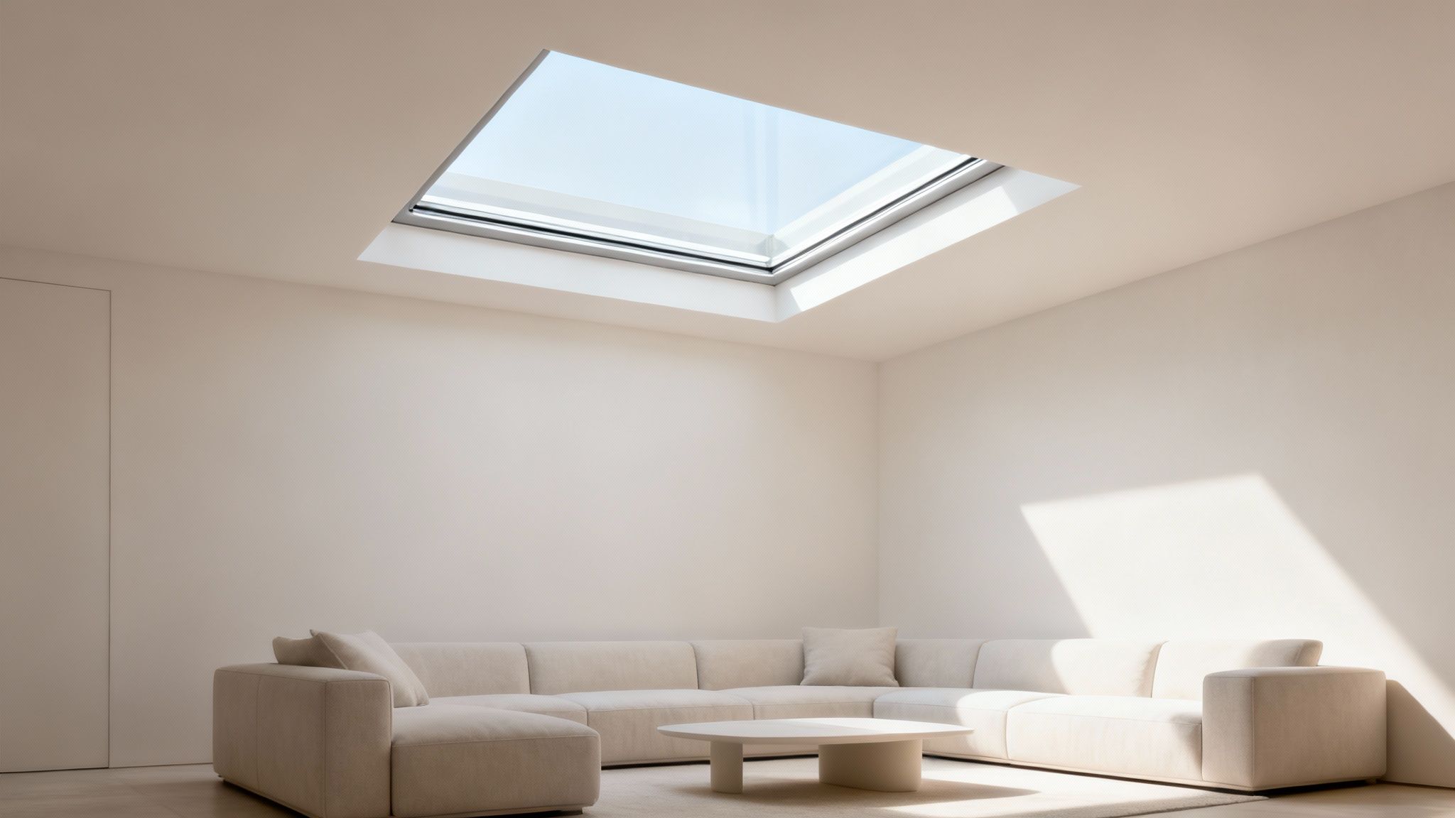 A bright, minimalist living room featuring a light-colored sectional sofa and a large skylight.