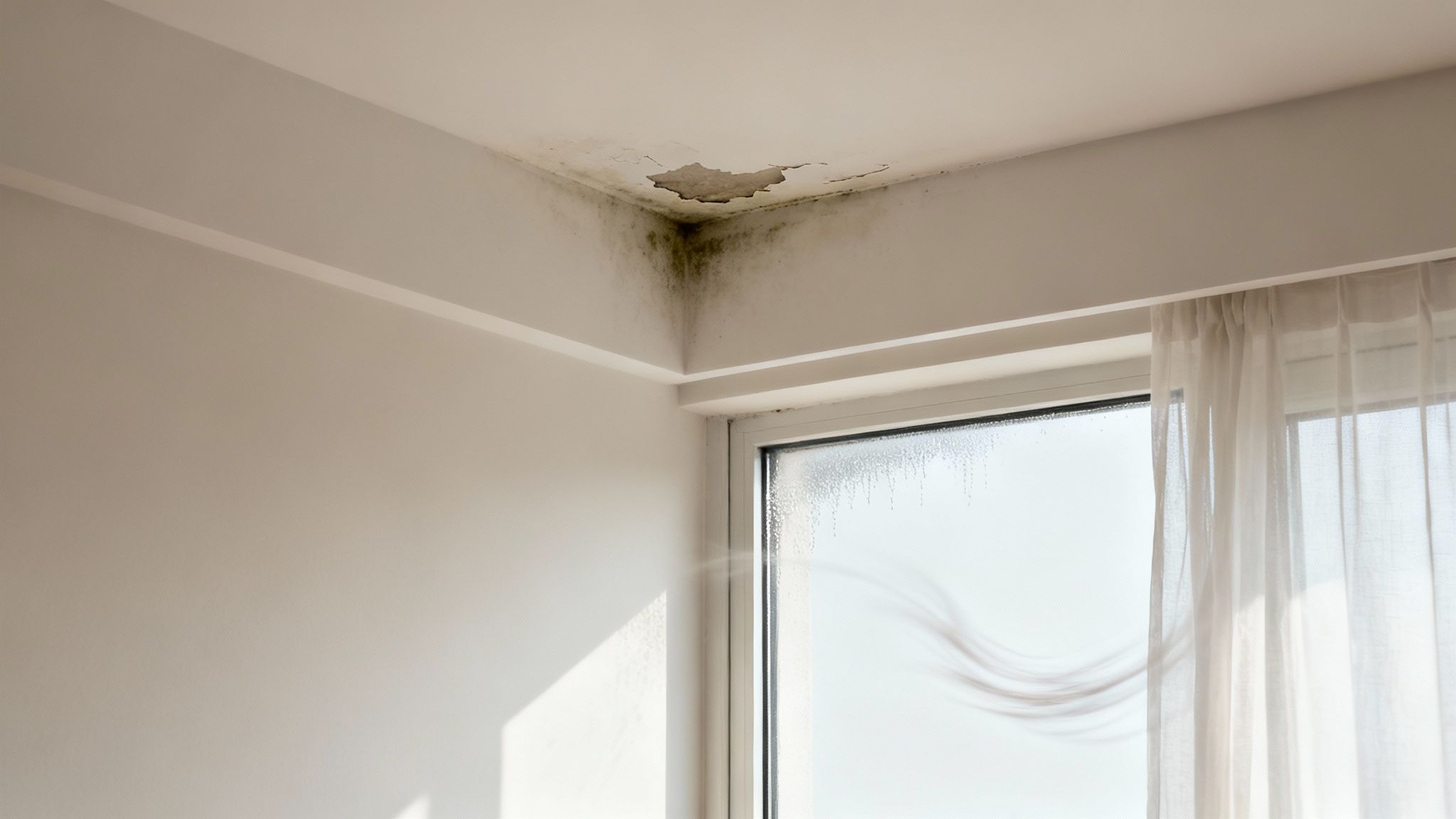 A person inspecting a water stain on a ceiling, a sign of building envelope failure.