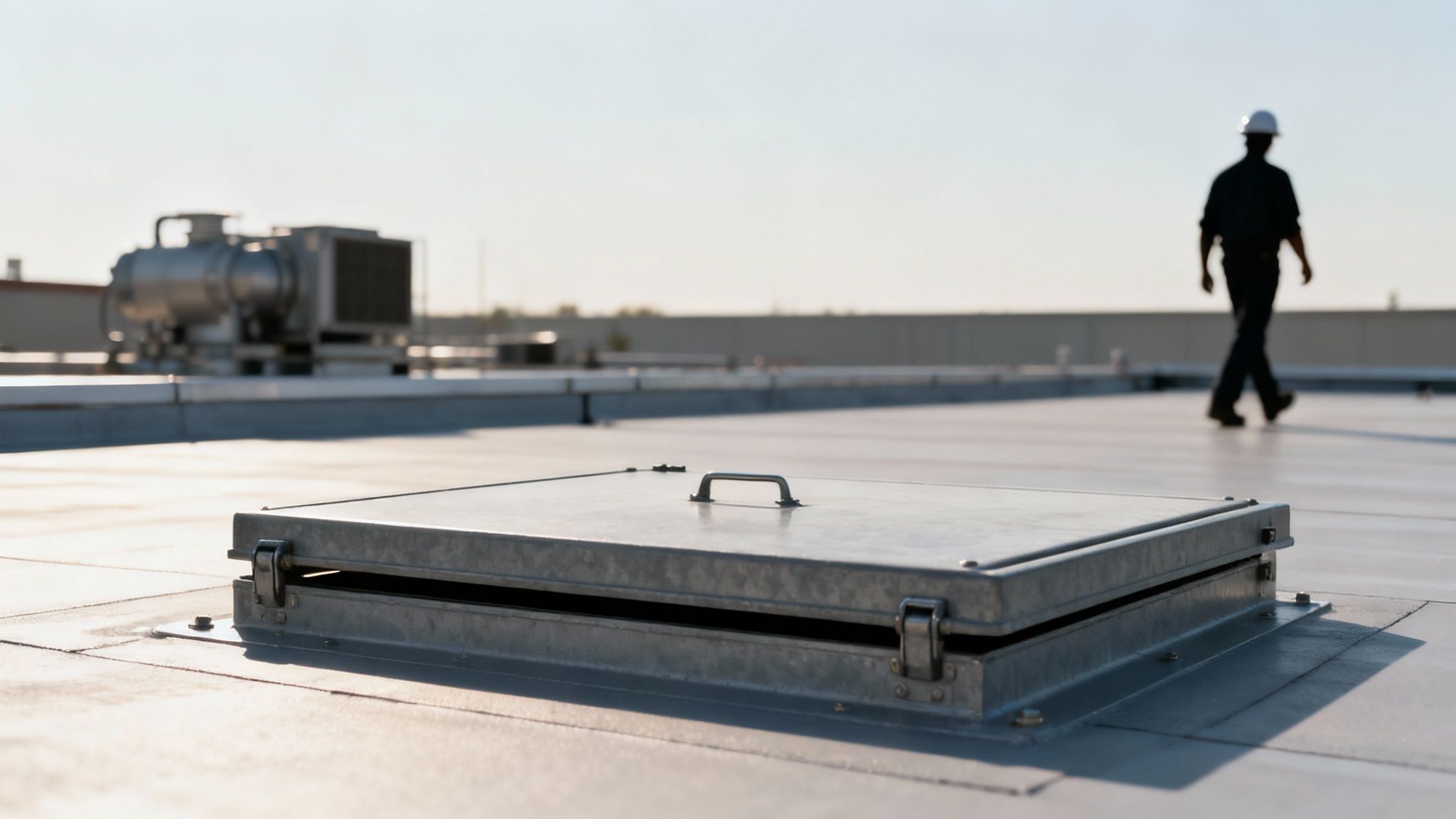 A person safely exiting a roof access hatch onto a flat commercial roof.