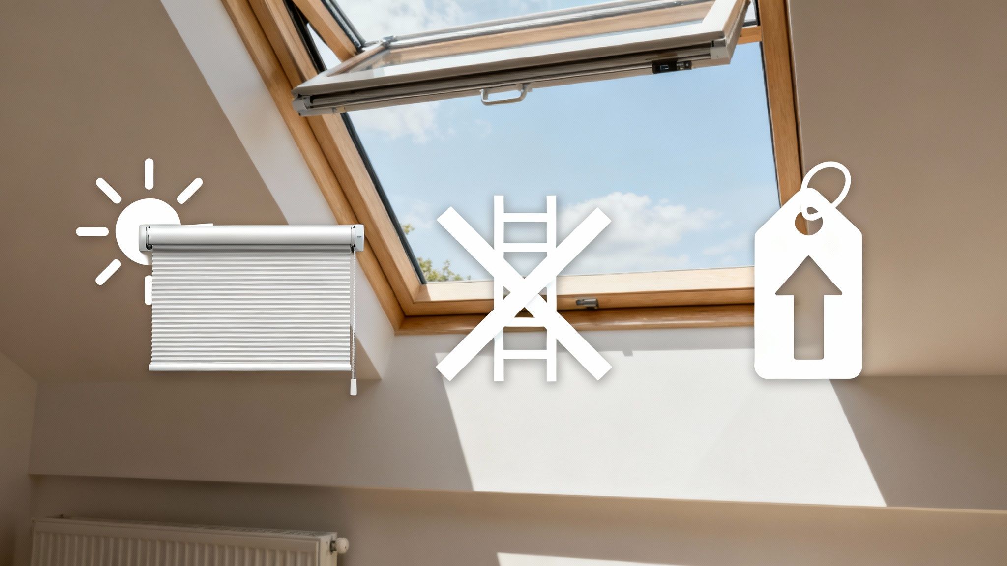 A comfortable living room with a skylight and automated blinds, showing a family relaxing.