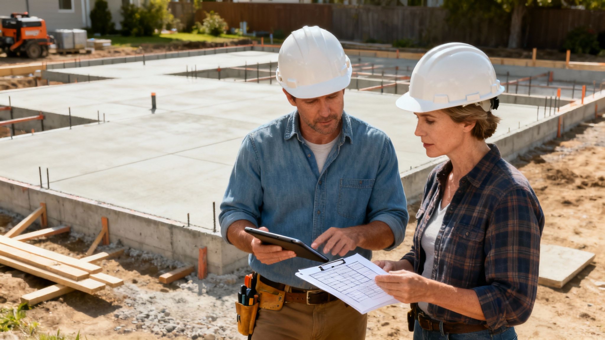 Construction professionals reviewing building plans at residential foundation site wearing safety helmets