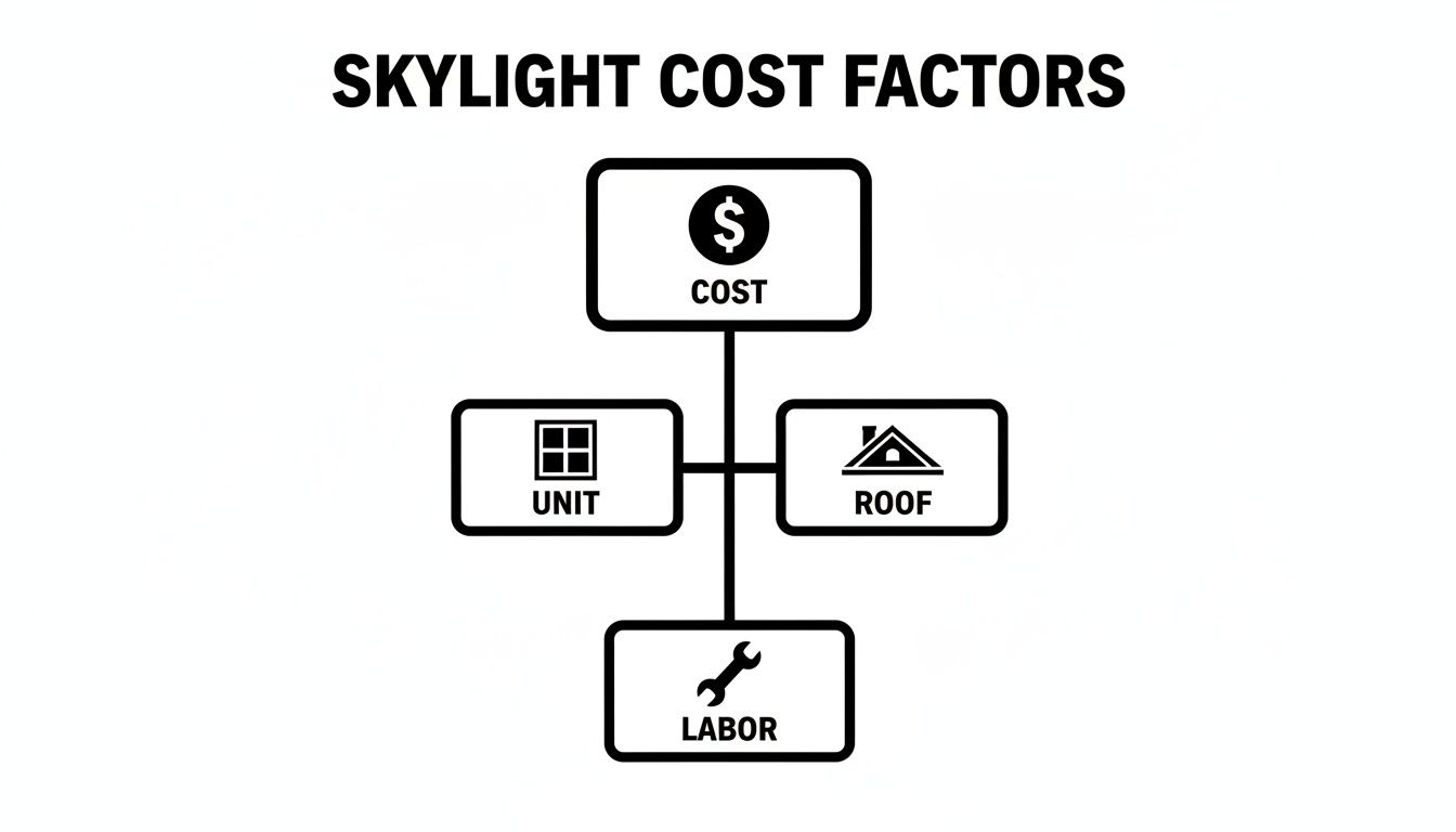 A diagram showing the factors influencing skylight cost, including unit type, roof installation, and labor.