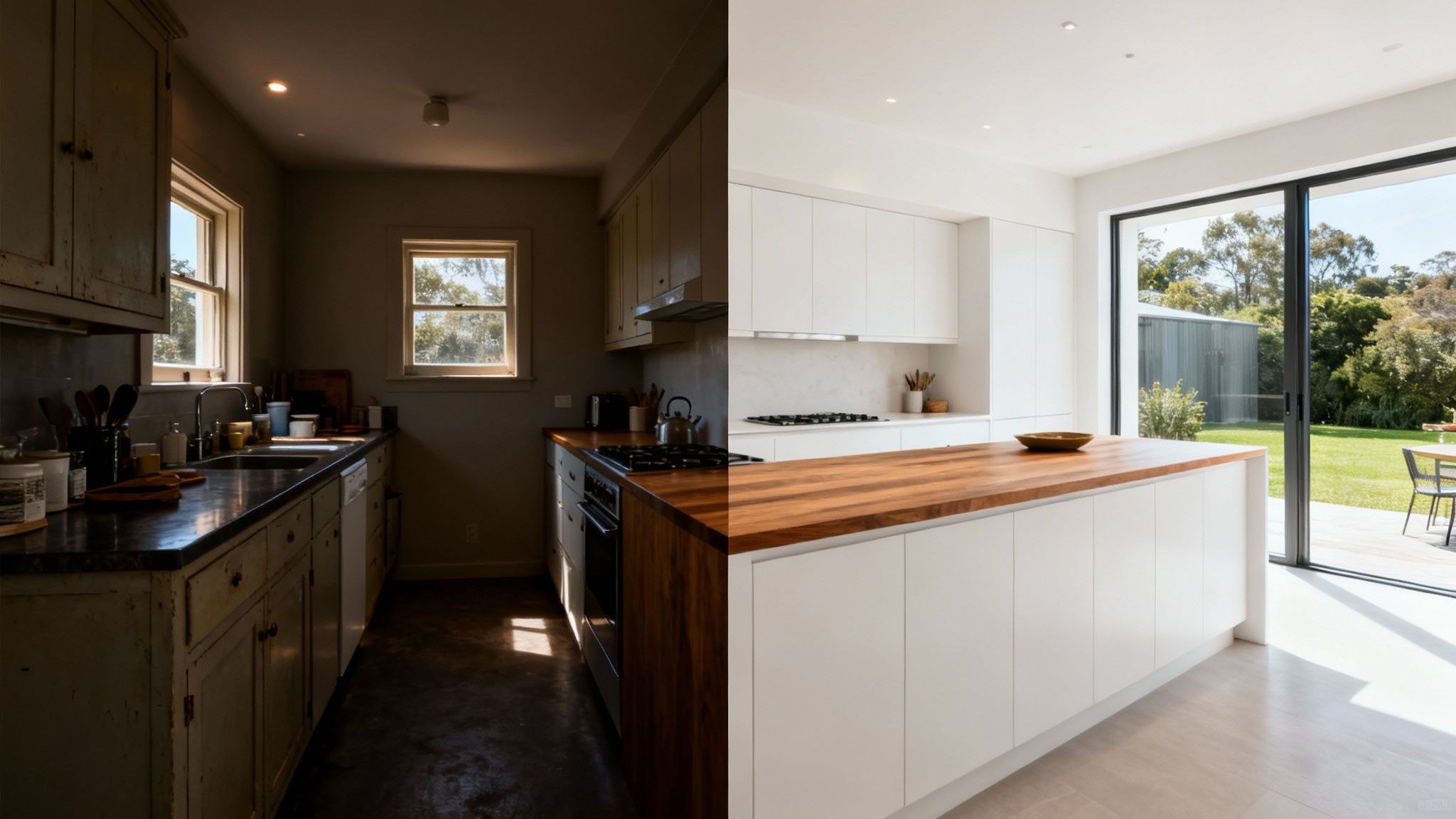 Before and after photo of an old, dark kitchen transformed into a bright, modern space.