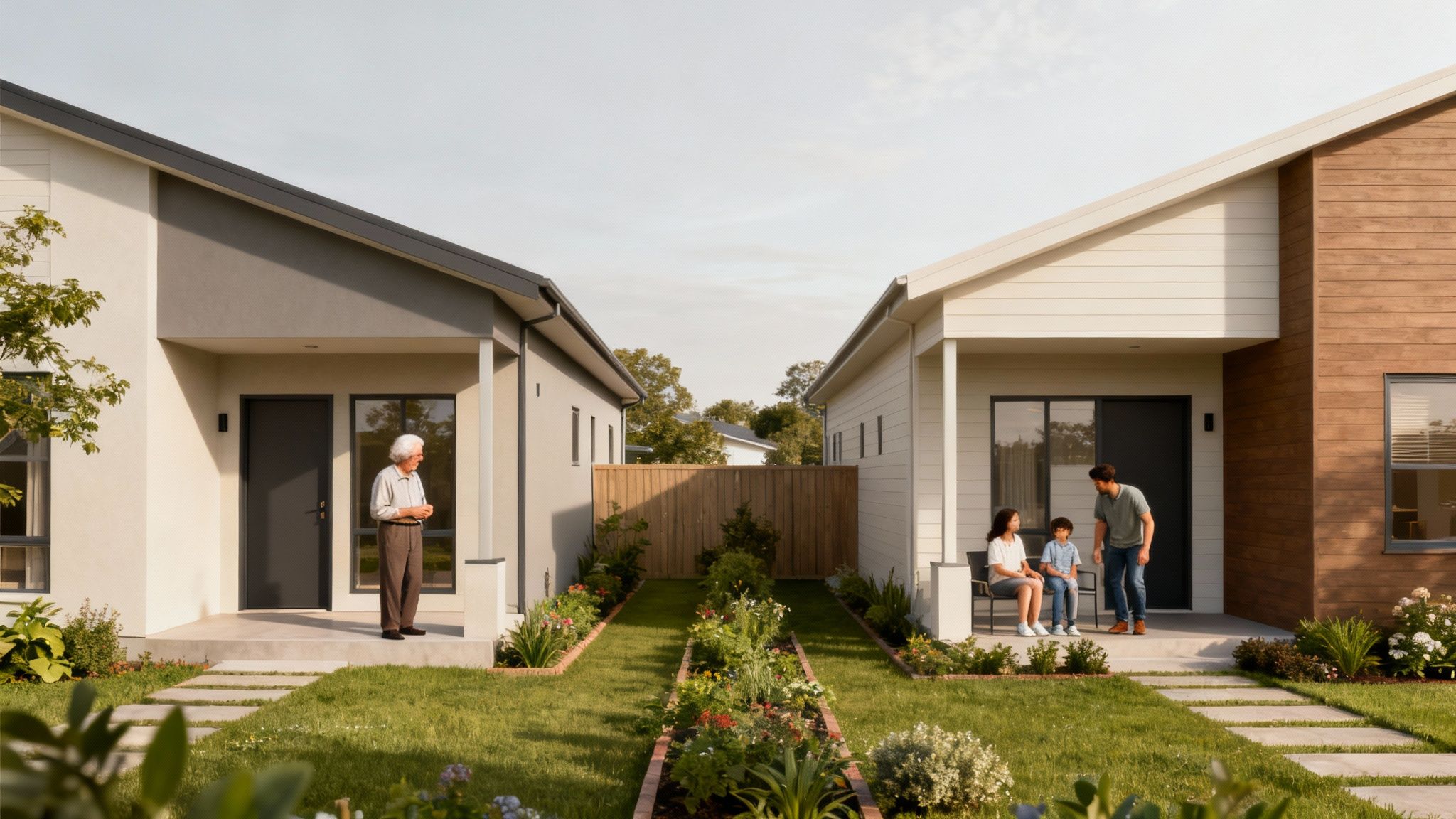 Two modern homes on one block of land, representing dual occupancy living