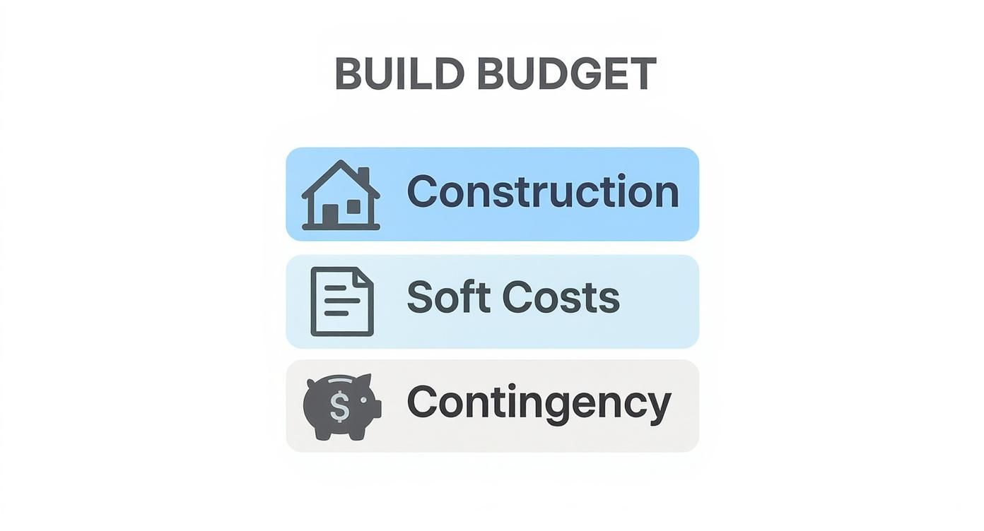 Infographic breaking down a home building budget into construction costs, soft costs, and a contingency fund.