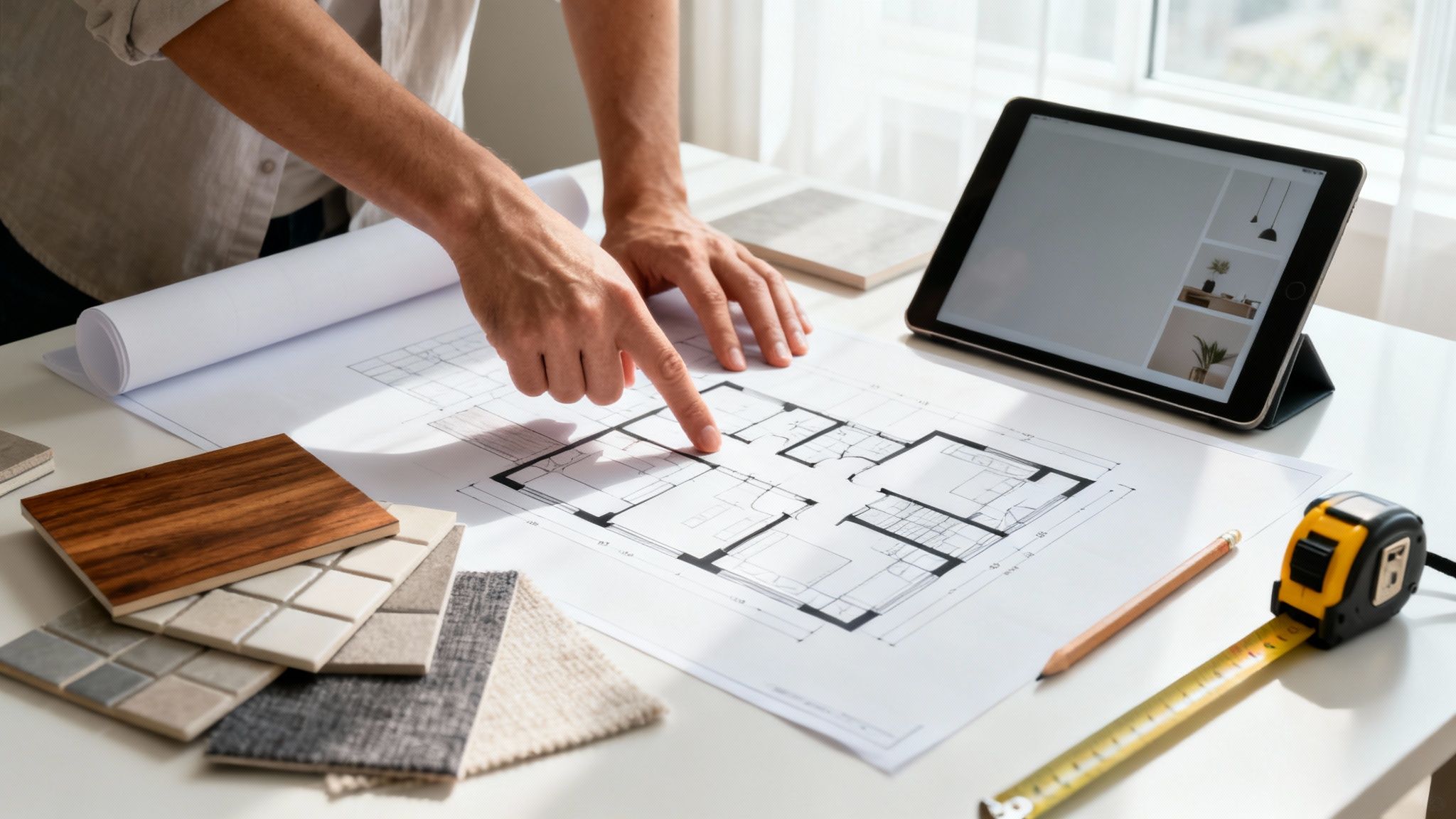 Hands pointing at a house floor plan with material samples and a tablet for interior design.