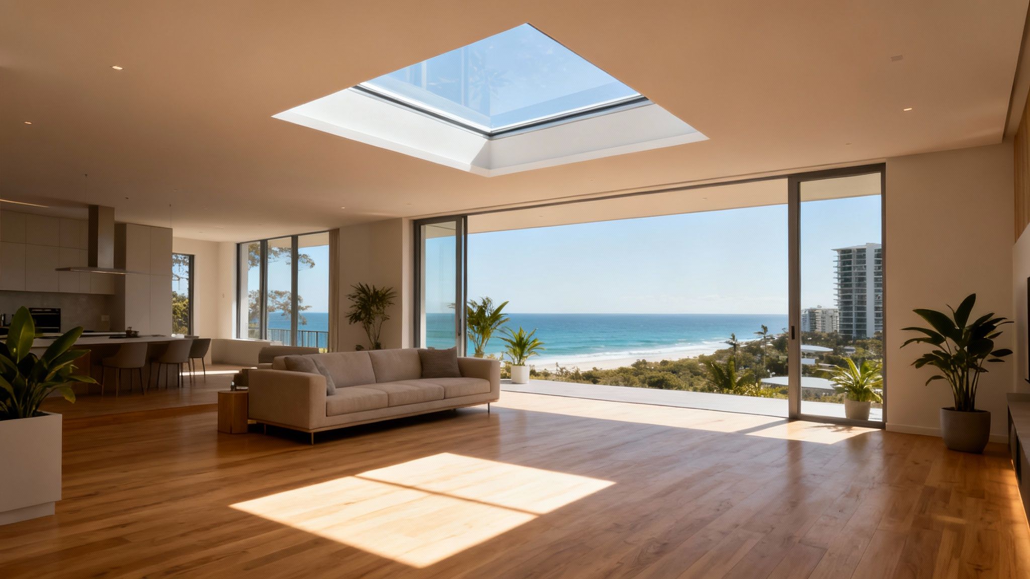 Spacious, modern open-plan living room with kitchen, ocean view, and large skylight.