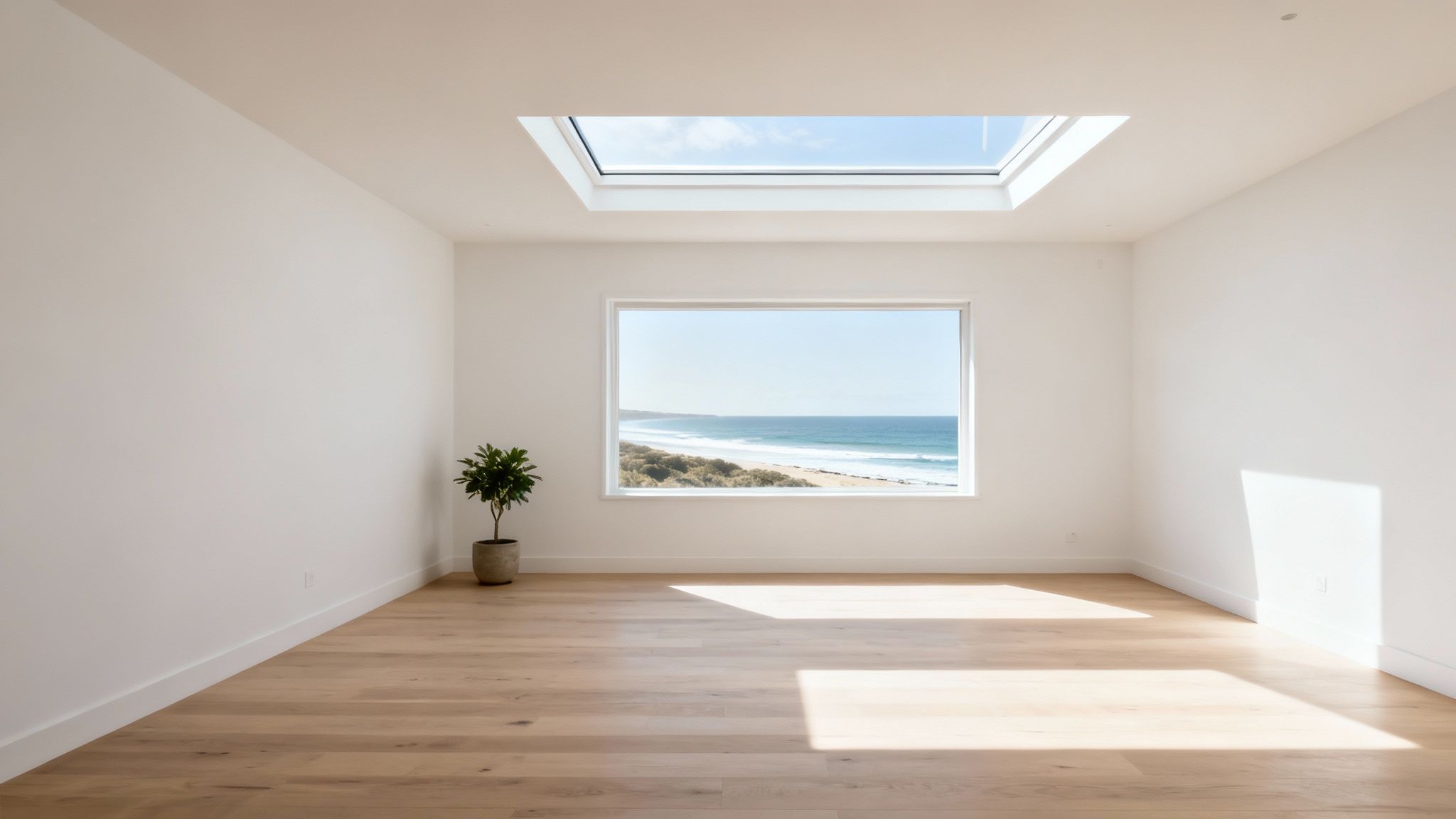 A bright, empty room with a large window revealing an ocean view and a ceiling skylight.