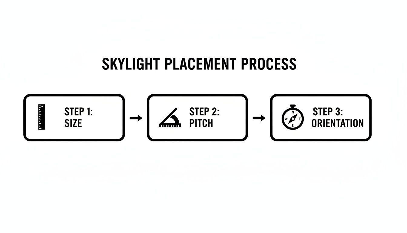 A flowchart illustrating the skylight placement process with three steps: size, pitch, and orientation.