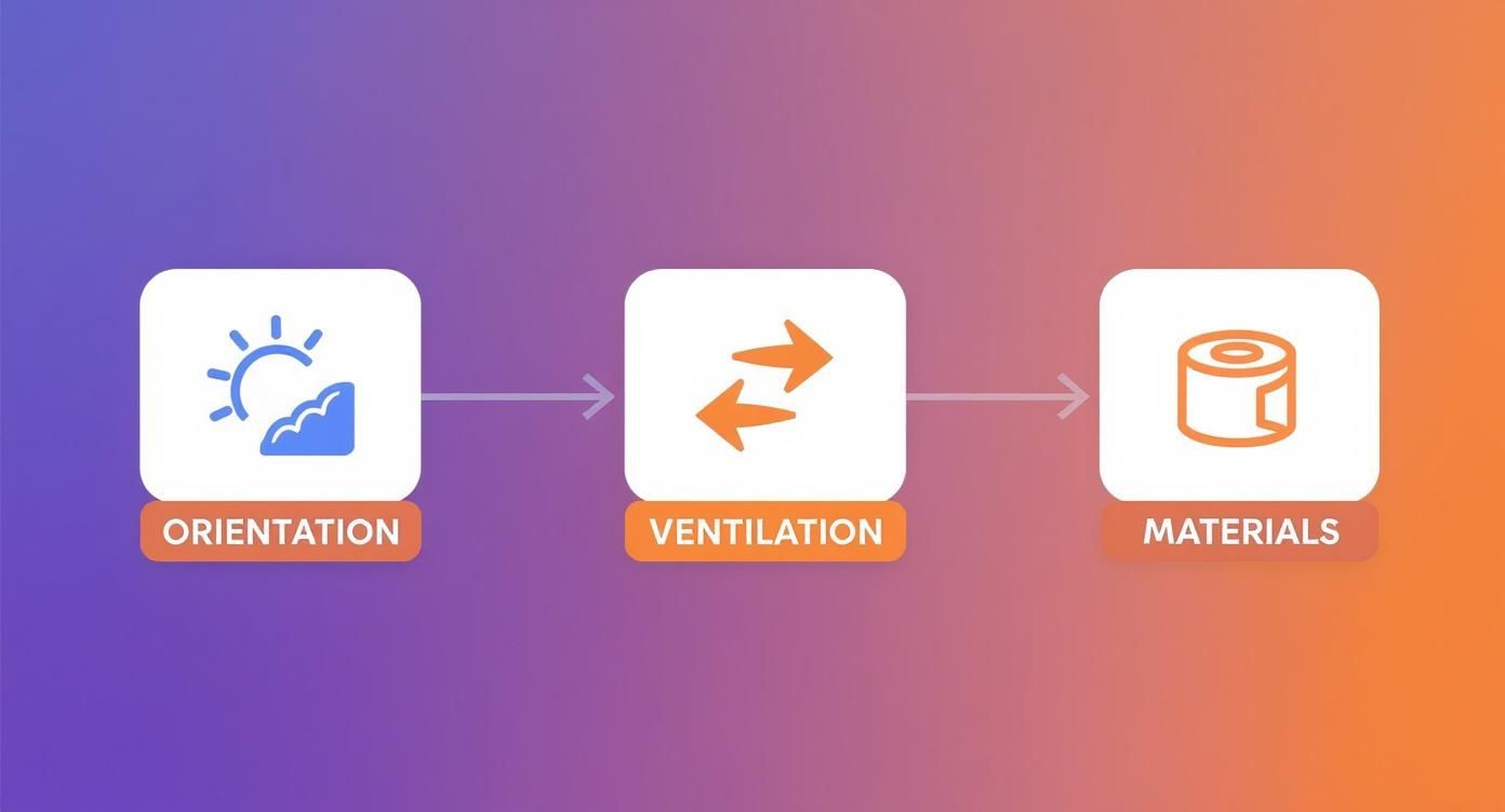 A diagram outlining key architectural design elements: orientation, ventilation, and materials with icons.